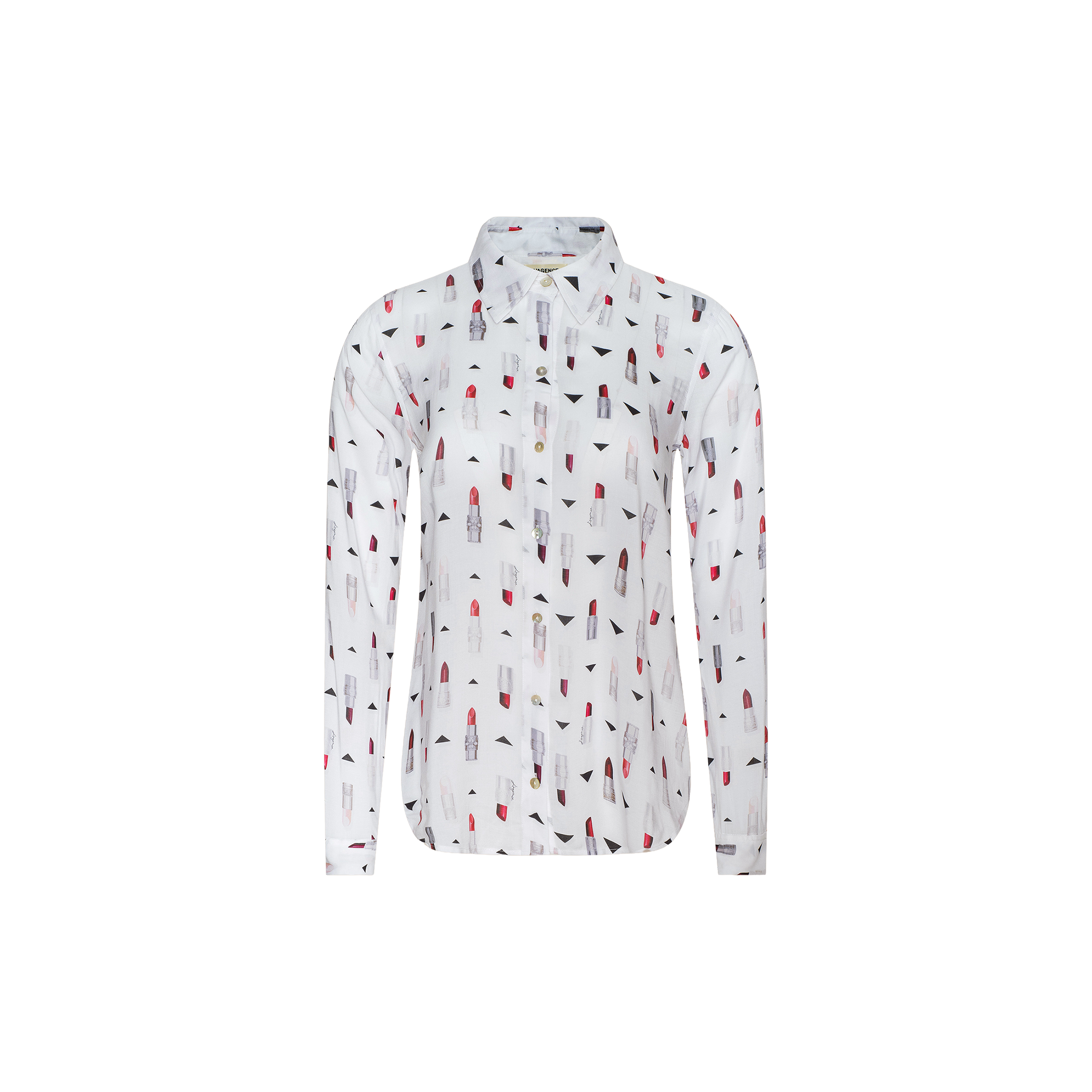 Introducing the Holly Blouse — a slim fit, white long-sleeve button-down shirt adorned with an all-over lipstick print in striking red, black, and gray. Featuring a classic collar, the Holly Blouse is captured against a plain white background.