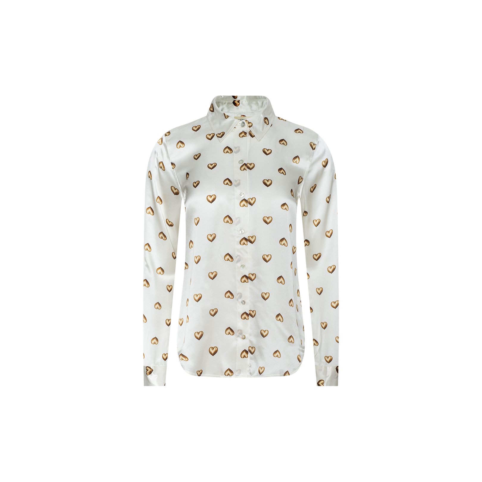 The Tyler Silk Blouse is a white long-sleeve button-up shirt with a collar, featuring a stylish print pattern of small, repeating brown hearts and infinity symbols. Displayed against a plain white background, this blouse combines timeless elegance with playful design details.