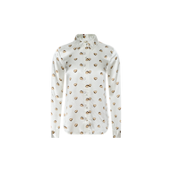 The Tyler Silk Blouse is a white long-sleeve button-up shirt with a collar, featuring a stylish print pattern of small, repeating brown hearts and infinity symbols. Displayed against a plain white background, this blouse combines timeless elegance with playful design details.