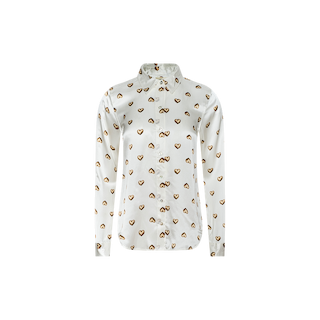 The Tyler Silk Blouse is a white long-sleeve button-up shirt with a collar, featuring a stylish print pattern of small, repeating brown hearts and infinity symbols. Displayed against a plain white background, this blouse combines timeless elegance with playful design details.
