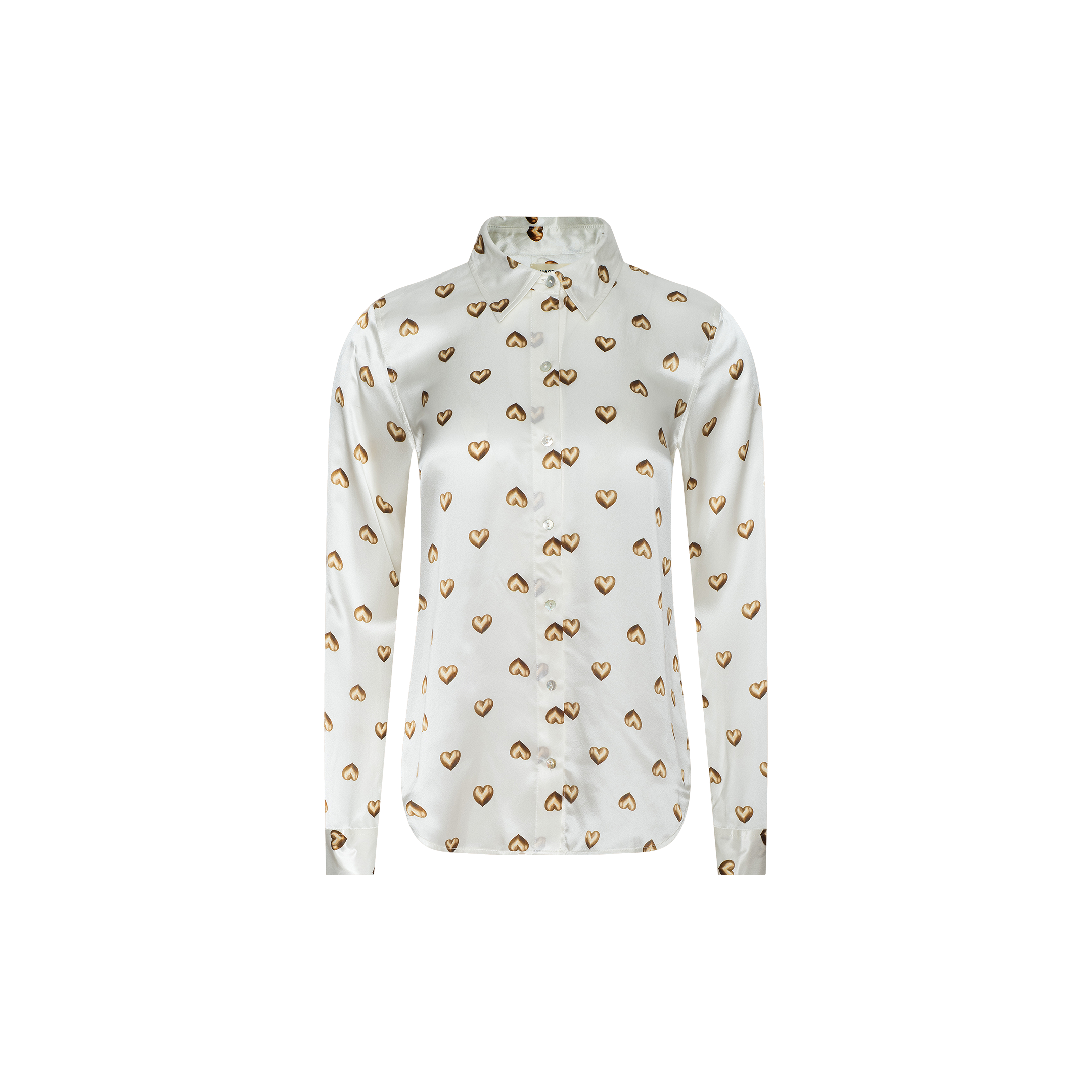 The Tyler Silk Blouse is a white long-sleeve button-up shirt with a collar, featuring a stylish print pattern of small, repeating brown hearts and infinity symbols. Displayed against a plain white background, this blouse combines timeless elegance with playful design details.