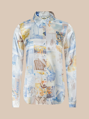 The Tyler Silk Blouse is a long-sleeve button-down shirt featuring a collage print with pastel vintage photos, palm trees, and LAGENCE text on a light silk background.