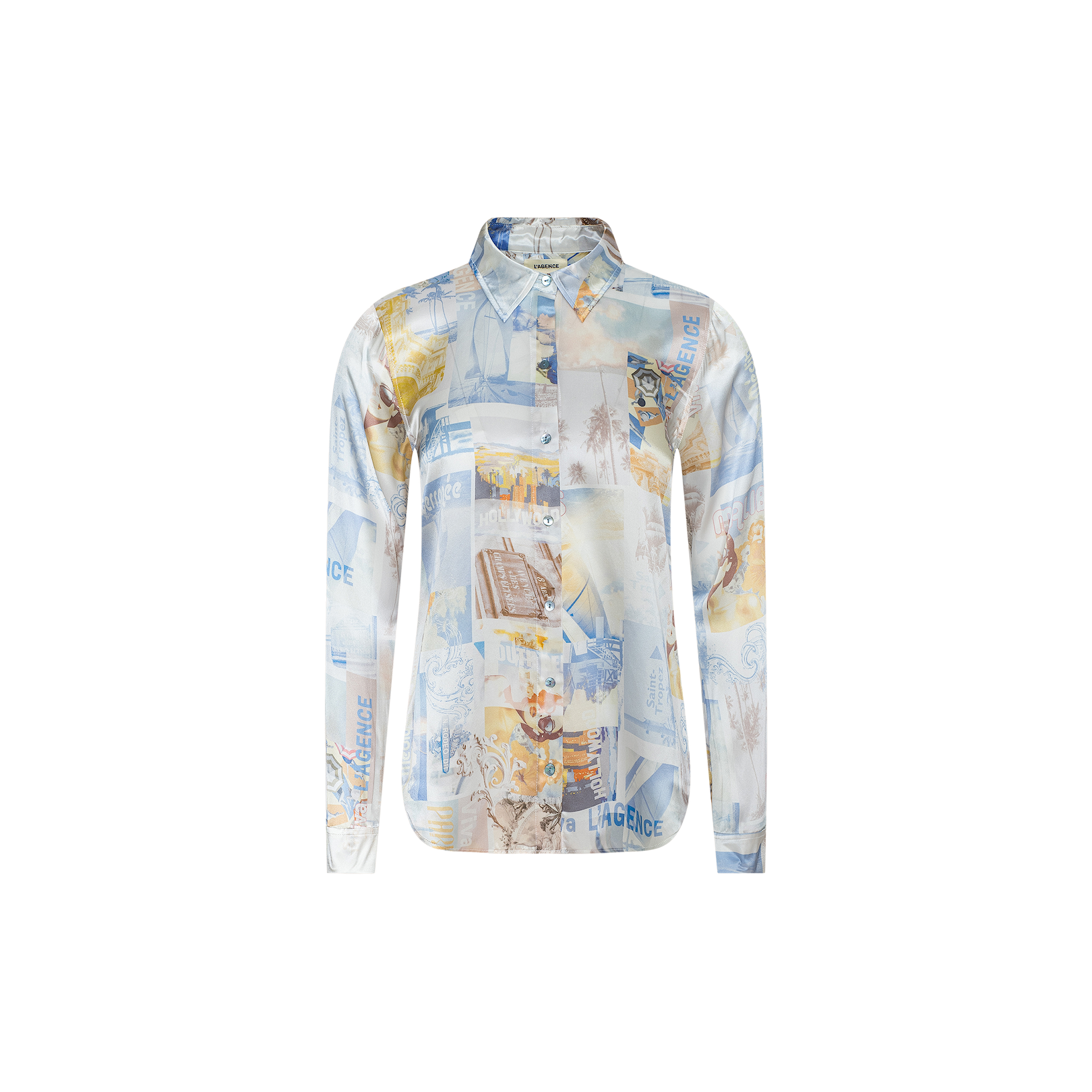 Tyler Silk Blouse by L’AGENCE, a long-sleeve button-down shirt showcasing a collage print in blue, white, and beige with assorted images, text, and patterns on a plain white background.