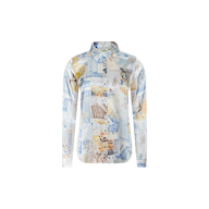 The Tyler Silk Blouse by L’AGENCE is a long-sleeve, button-down shirt crafted from silk, featuring a collage-style print in blue, beige, and white with assorted images and text.