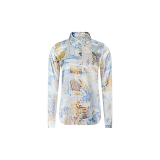 Tyler Silk Blouse by L’AGENCE, a long-sleeve button-down shirt showcasing a collage print in blue, white, and beige with assorted images, text, and patterns on a plain white background.