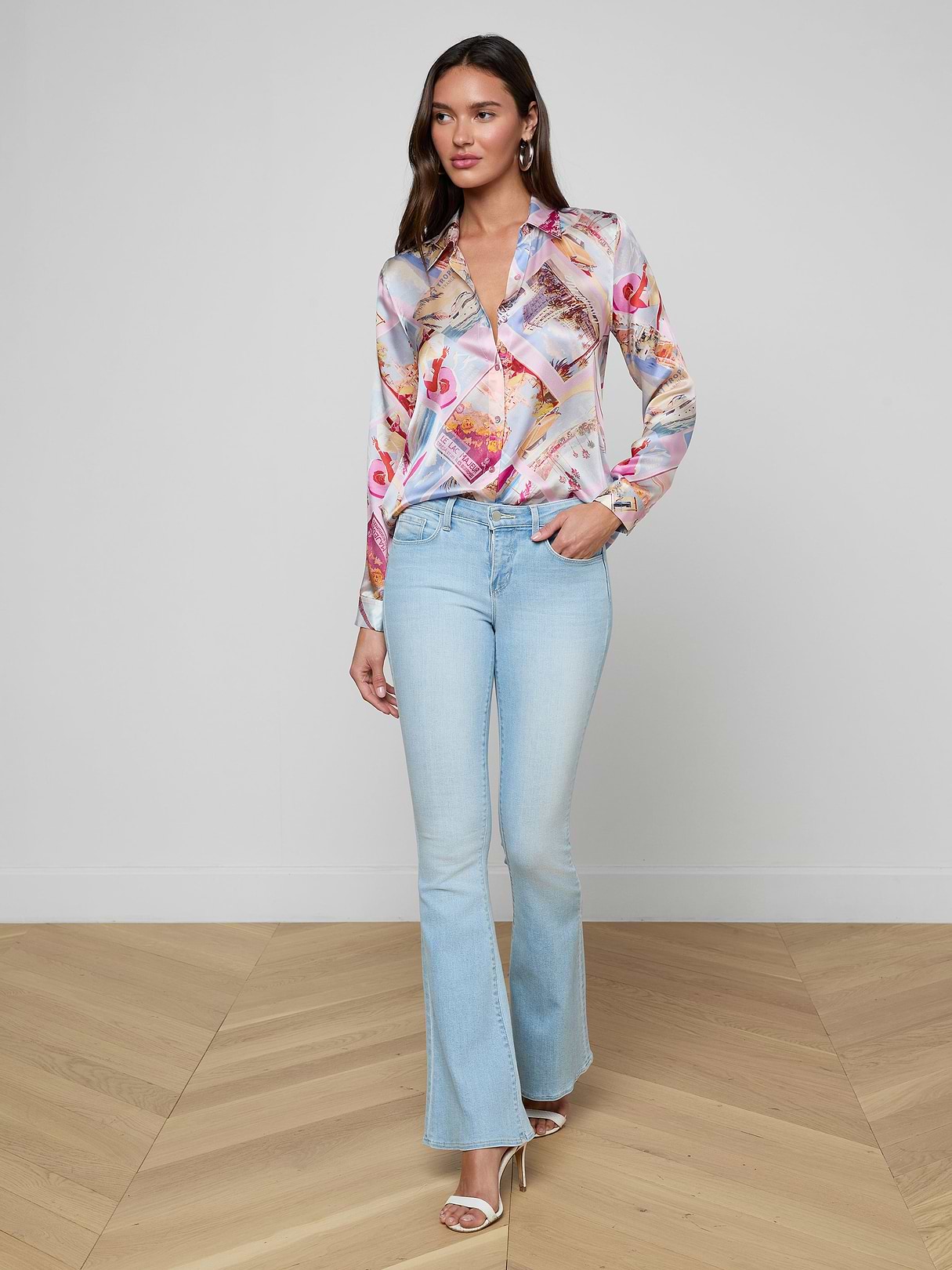Tyler Silk Blouse in Light Pink Multi Large Postcard Print | L'AGENCE