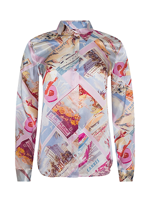 The Tyler Silk Blouse is a colorful button-down by L’AGENCE, featuring a pink postcard print collage with vintage travel scenes and vibrant pastel blue and purple imagery.