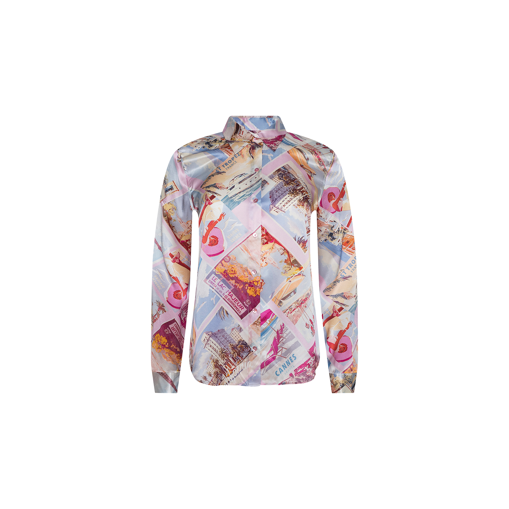 The Tyler Silk Blouse by L’AGENCE is a long-sleeve button-down shirt featuring a collage of colorful vintage travel posters and a pink postcard print, shown on a plain white background.