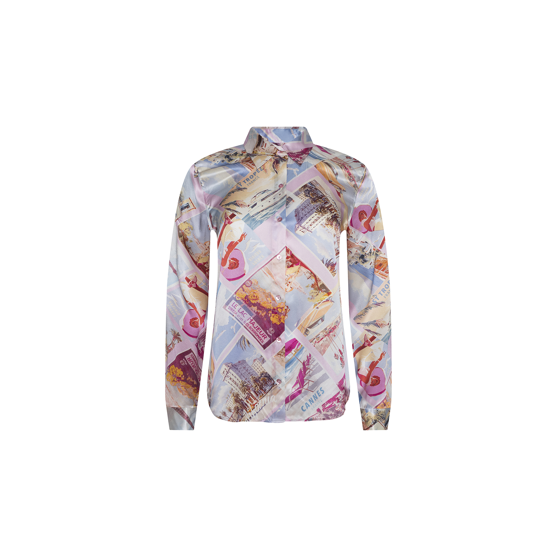 Introducing the Tyler Silk Blouse, a long-sleeve button-down shirt crafted from luxurious silk and adorned with a collage of colorful, vintage-inspired travel postcards and scenic landscapes on a light background. Featuring a classic collar and relaxed fit, this blouse showcases the distinctive L’AGENCE pink postcard print.