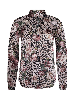 The Tyler Silk Blouse is a button-down with long sleeves, a collared neckline, and a straight hem. It features bold rose cheetah print with leopard spots and pink, cream, and burgundy roses on a light background.