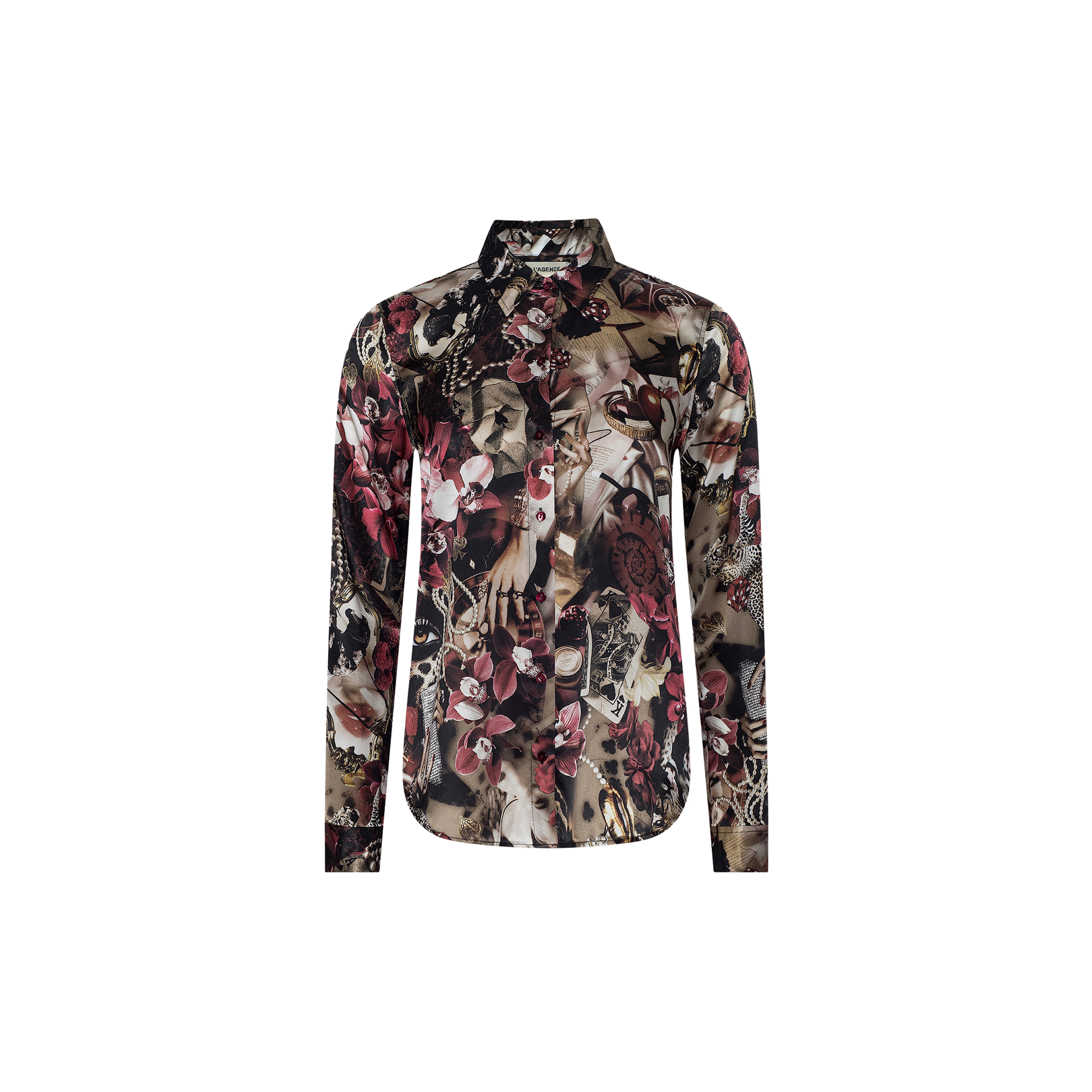 The Tyler Silk Blouse is a long-sleeve button-down shirt crafted from silk, featuring a bold multicolored statement print in red, beige, black, and white tones. It is displayed against a plain white background.