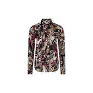 The Tyler Silk Blouse is a long-sleeve, slim fit button-up shirt showcasing a statement print with colorful, abstract floral and hand motifs in shades of black, beige, red, and white on a plain white background.