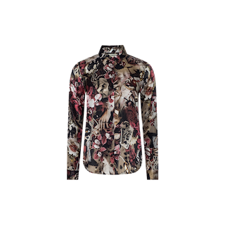 The Tyler Silk Blouse is a long-sleeve button-down shirt crafted from silk, featuring a bold multicolored statement print in red, beige, black, and white tones. It is displayed against a plain white background.