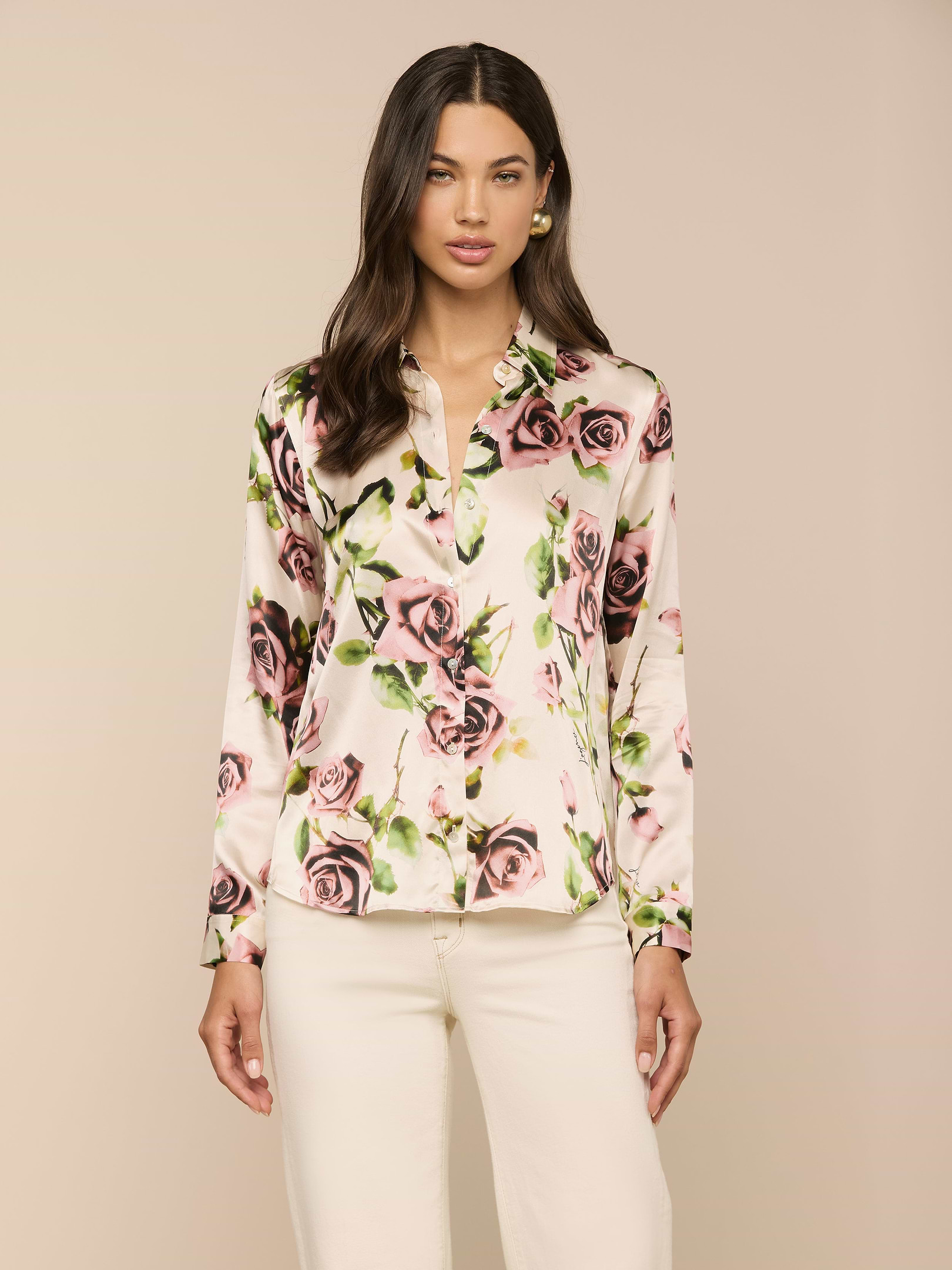 Tyler Silk Blouse in Ecru/Mauve Romantic Rose | L'AGENCE