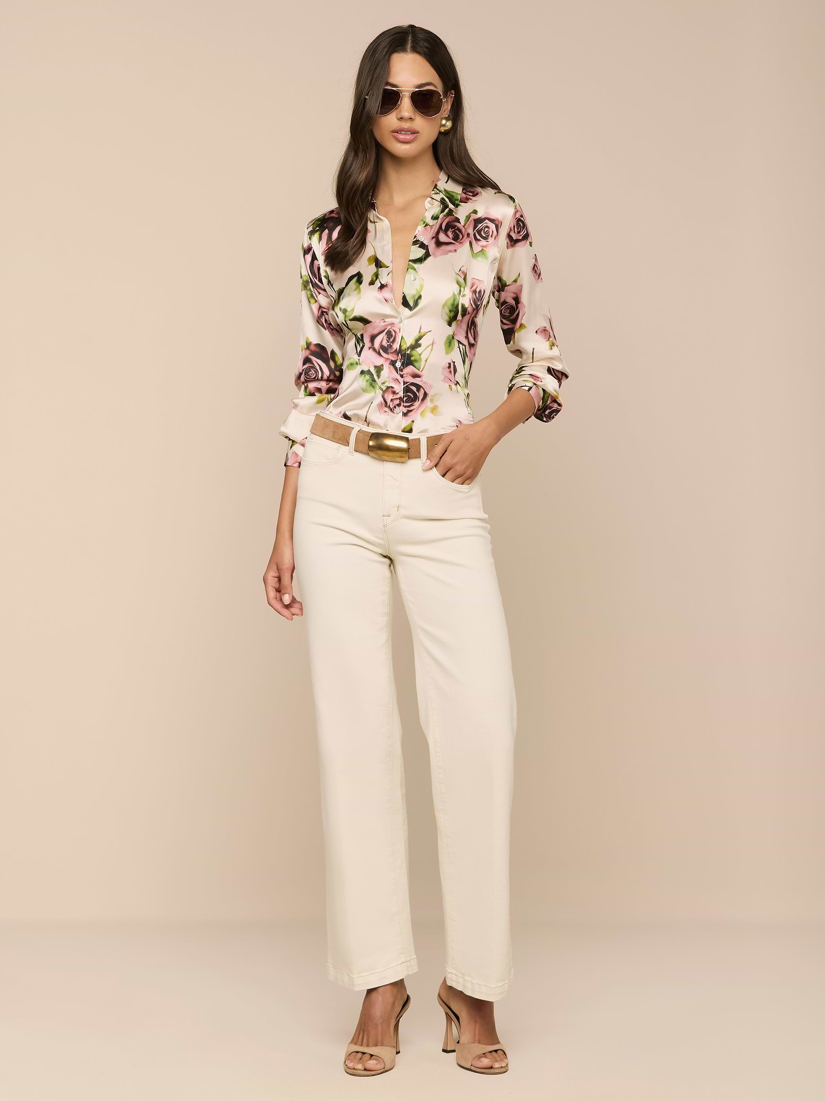 Tyler Silk Blouse in Ecru/Mauve Romantic Rose | L'AGENCE