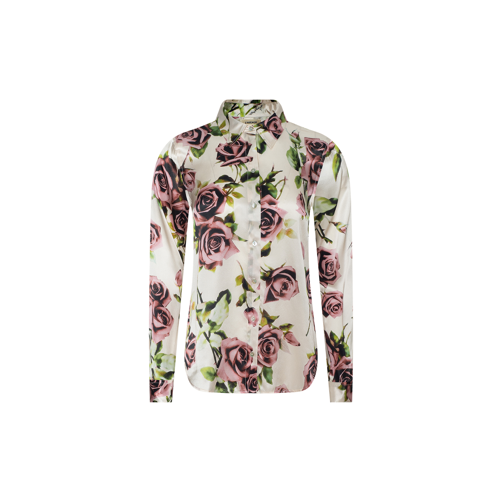 The Tyler Silk Blouse is a long-sleeve, collared button-down shirt from L’AGENCE, featuring a mauve rose print in pink and green on a white silk background—a signature style for the brand.
