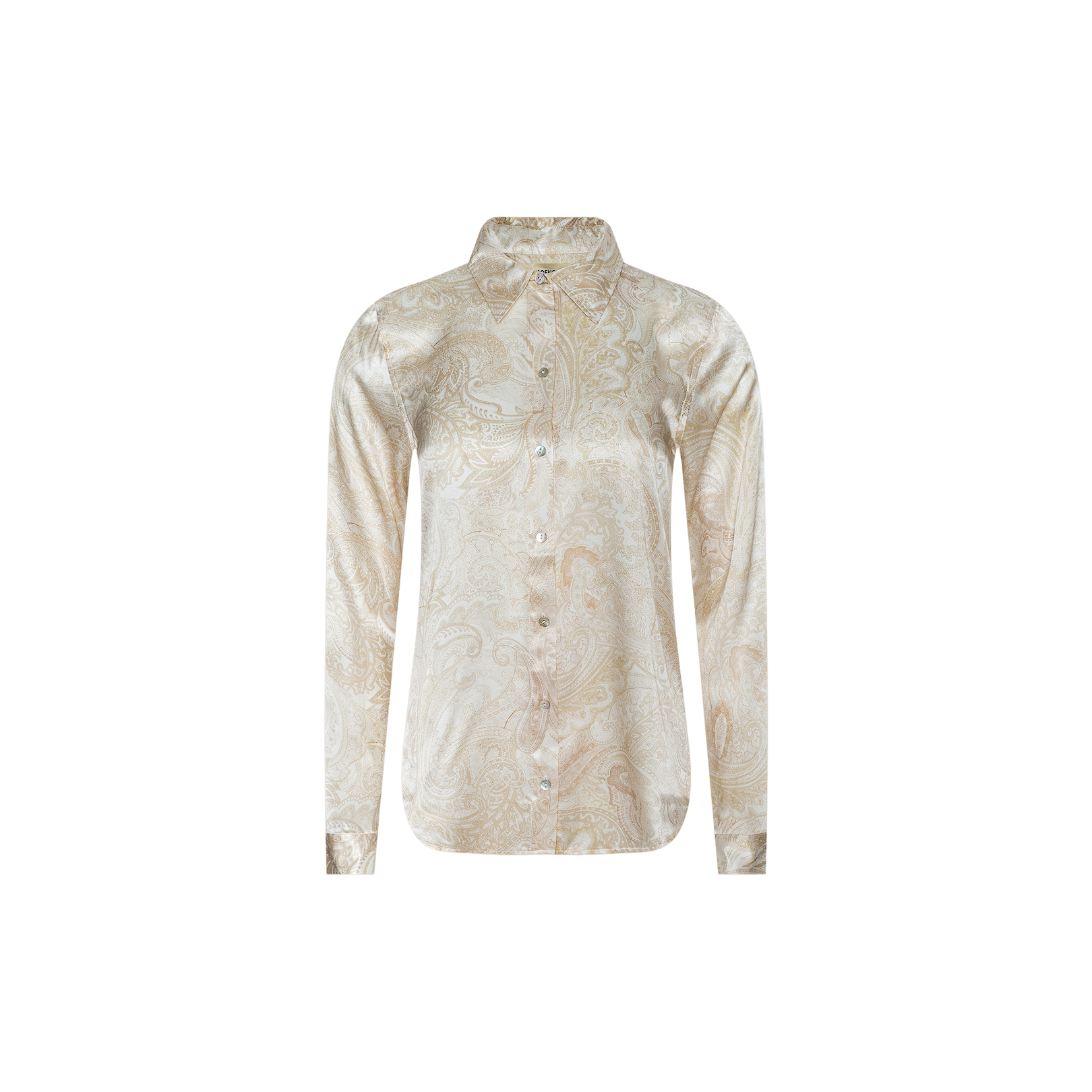 The Tyler Silk Blouse is a long-sleeve, button-down shirt crafted from silk, showcasing a beige paisley print on a light background and presented on a plain white surface.