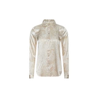 The Tyler Silk Blouse is a long-sleeve, button-down shirt crafted from silk, showcasing a beige paisley print on a light background and presented on a plain white surface.