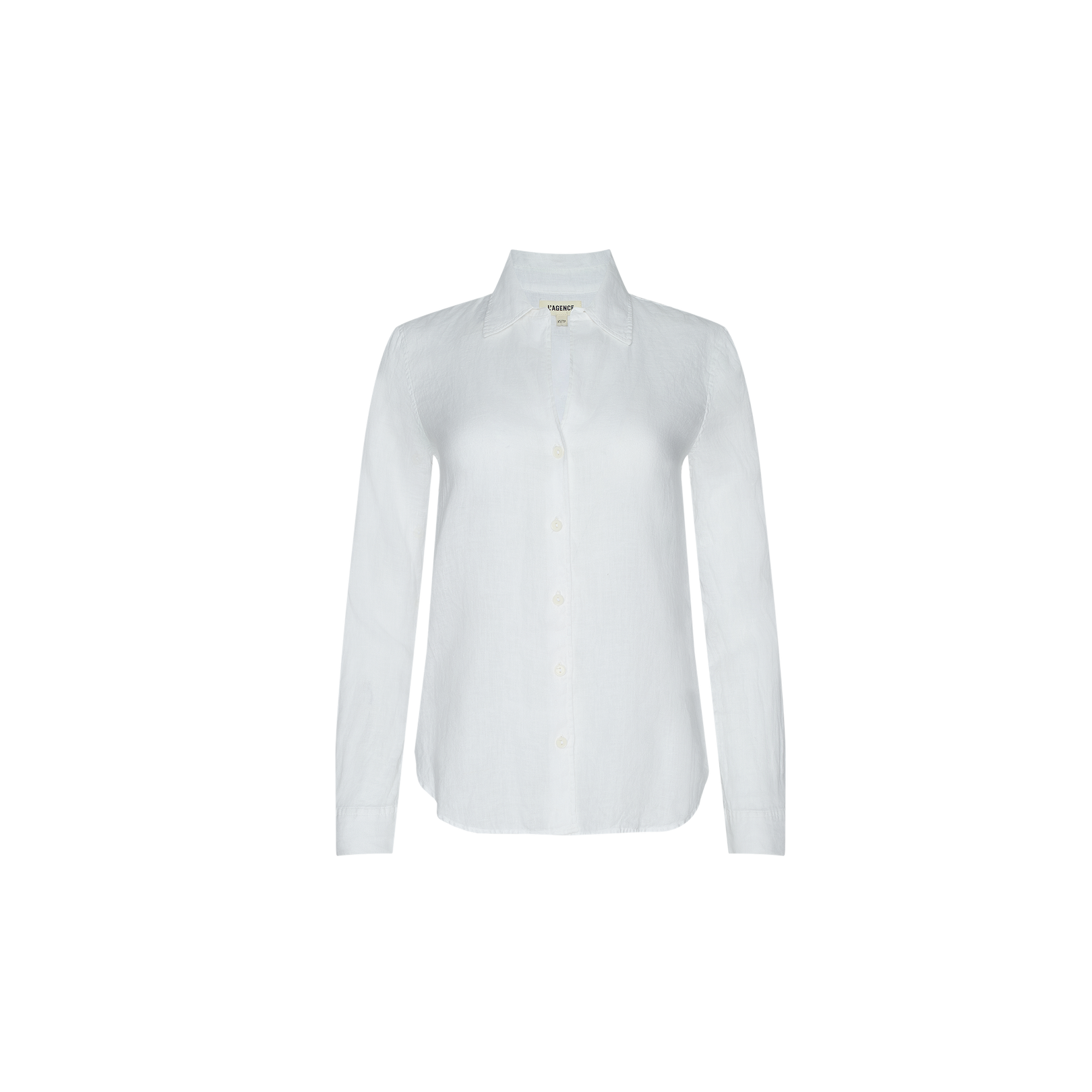 The Tyler Linen Blouse, a long-sleeve button-down shirt with a collar made from 100 linen in plain white, is displayed against a white background.