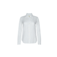 The Tyler Linen Blouse—a plain white, long-sleeve button-down shirt with a collar—is displayed on a white background. This versatile blouse is perfect for summer wear.