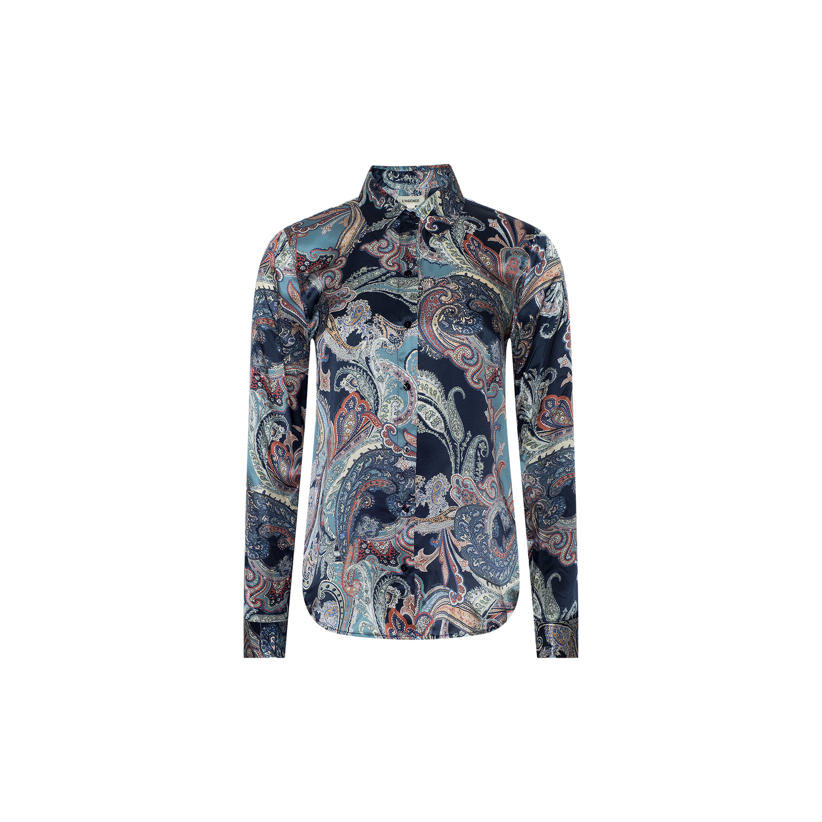 The Tyler Silk Blouse from L’AGENCE is a long-sleeve button-down shirt adorned with a vibrant paisley print in blue, green, and pink hues on a crisp white background. The blouse is shown facing forward against a light gray backdrop.