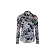 The Tyler Silk Blouse from L’AGENCE is a long-sleeve button-down shirt crafted from silk, featuring a vibrant paisley print in shades of blue, green, and pink on a crisp white background.