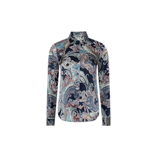 The Tyler Silk Blouse from L’AGENCE is a long-sleeve button-down shirt adorned with a vibrant paisley print in blue, green, and pink hues on a crisp white background. The blouse is shown facing forward against a light gray backdrop.