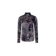 The Tyler Silk Blouse is a long-sleeve button-up silk shirt featuring a dark, abstract purple floral print in pink and black shades on a gray background, displayed on a plain white surface.