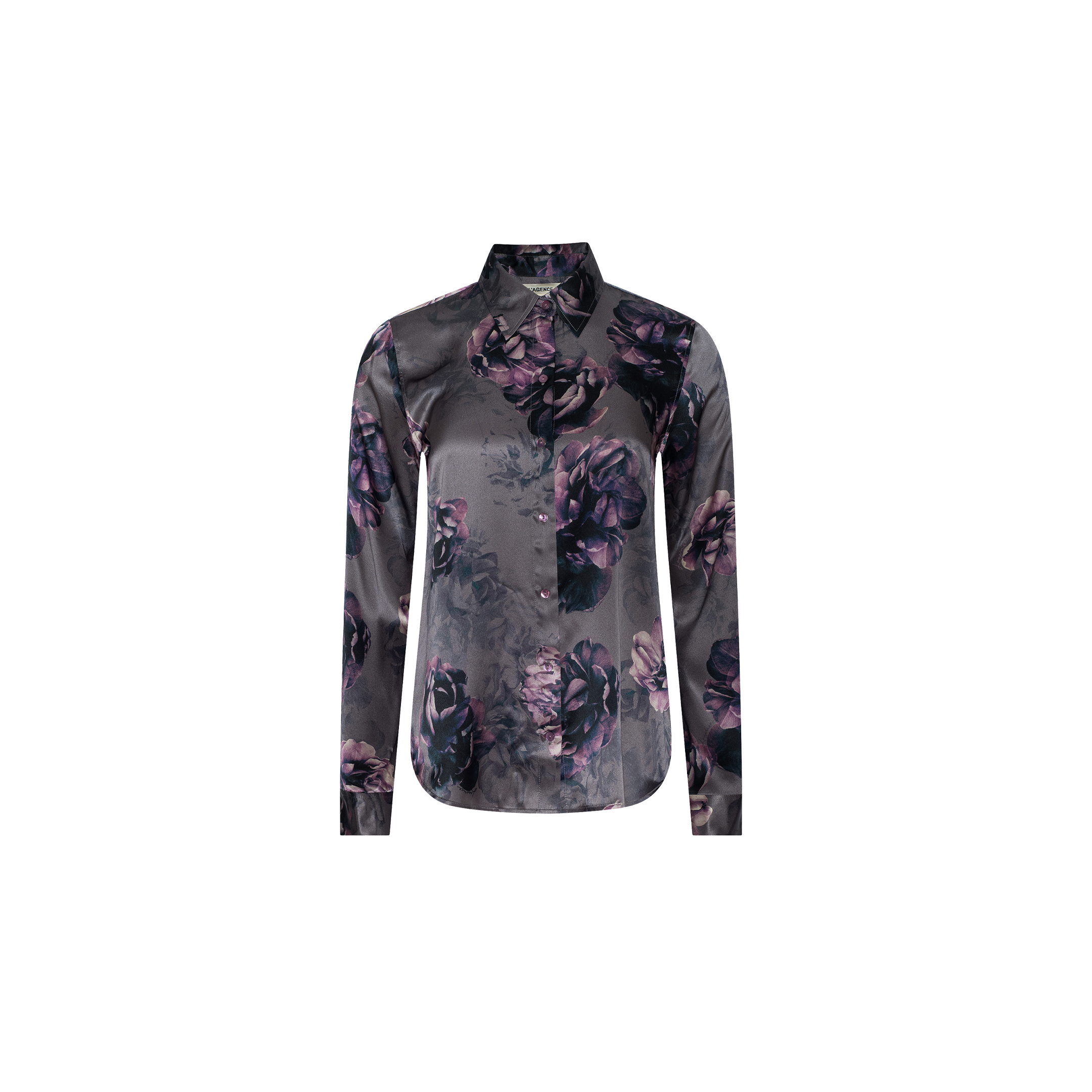The Tyler Silk Blouse is a long-sleeve button-up silk shirt featuring a dark, abstract purple floral print in pink and black shades on a gray background, displayed on a plain white surface.