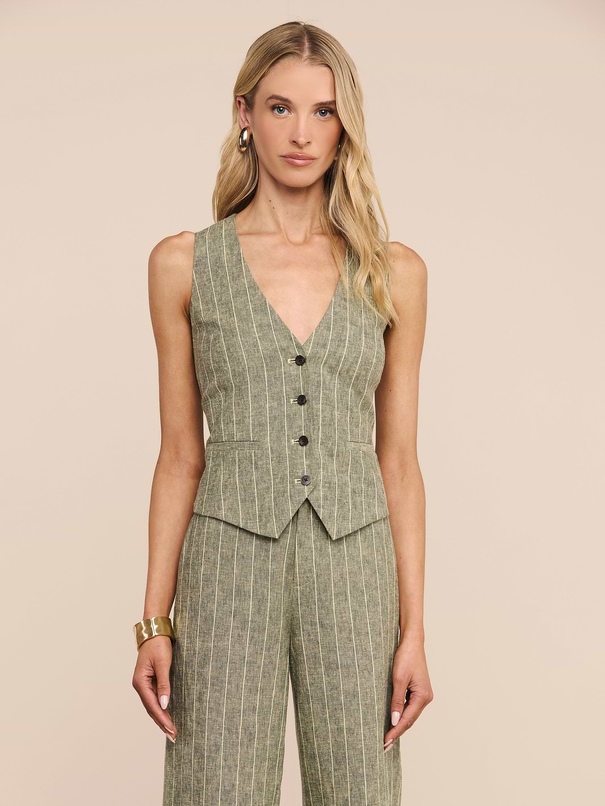 Drina Linen-Blend Vest in Olive Green Pinstripe | L'AGENCE