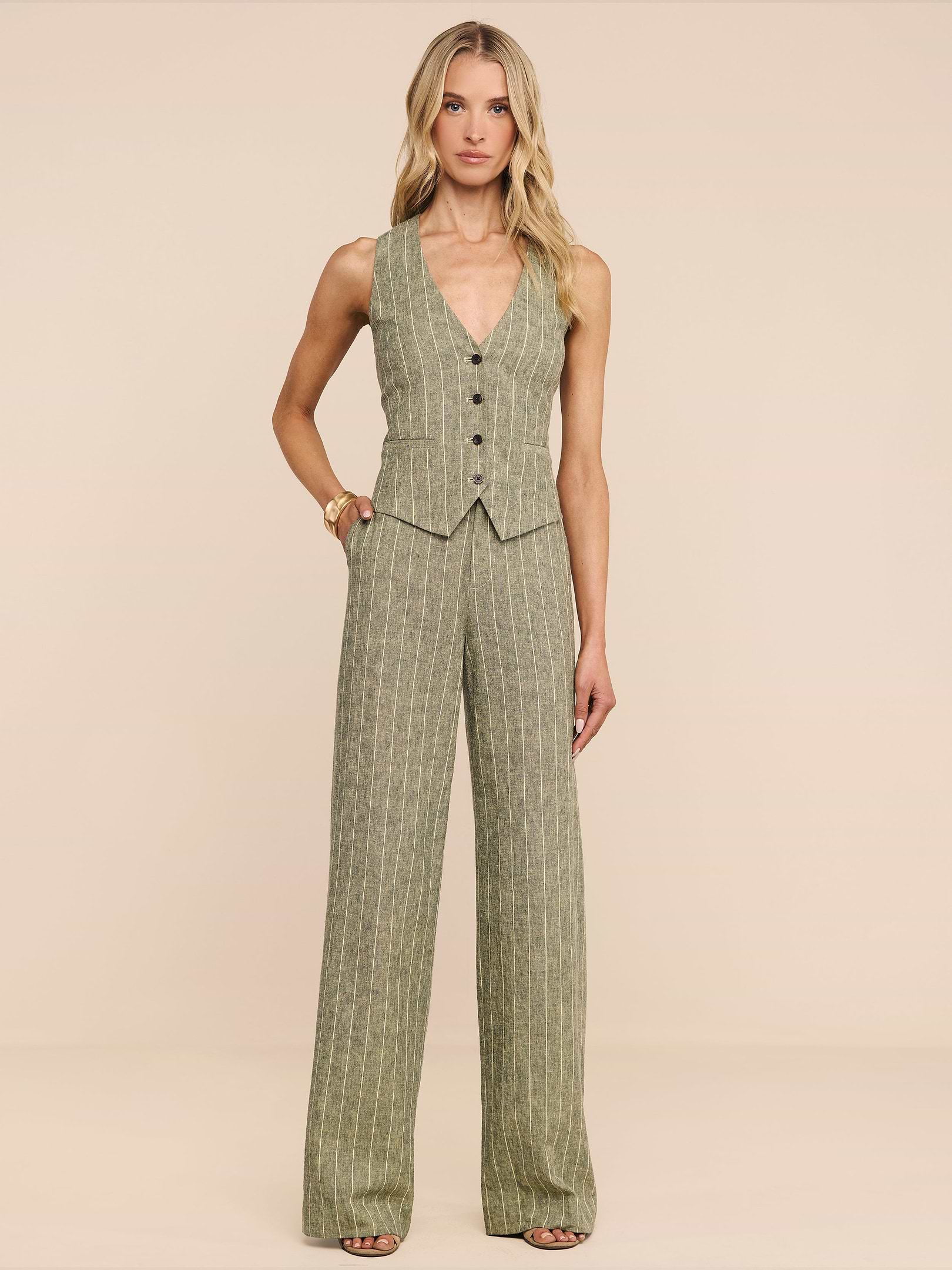 Drina Linen-Blend Vest in Olive Green Pinstripe | L'AGENCE
