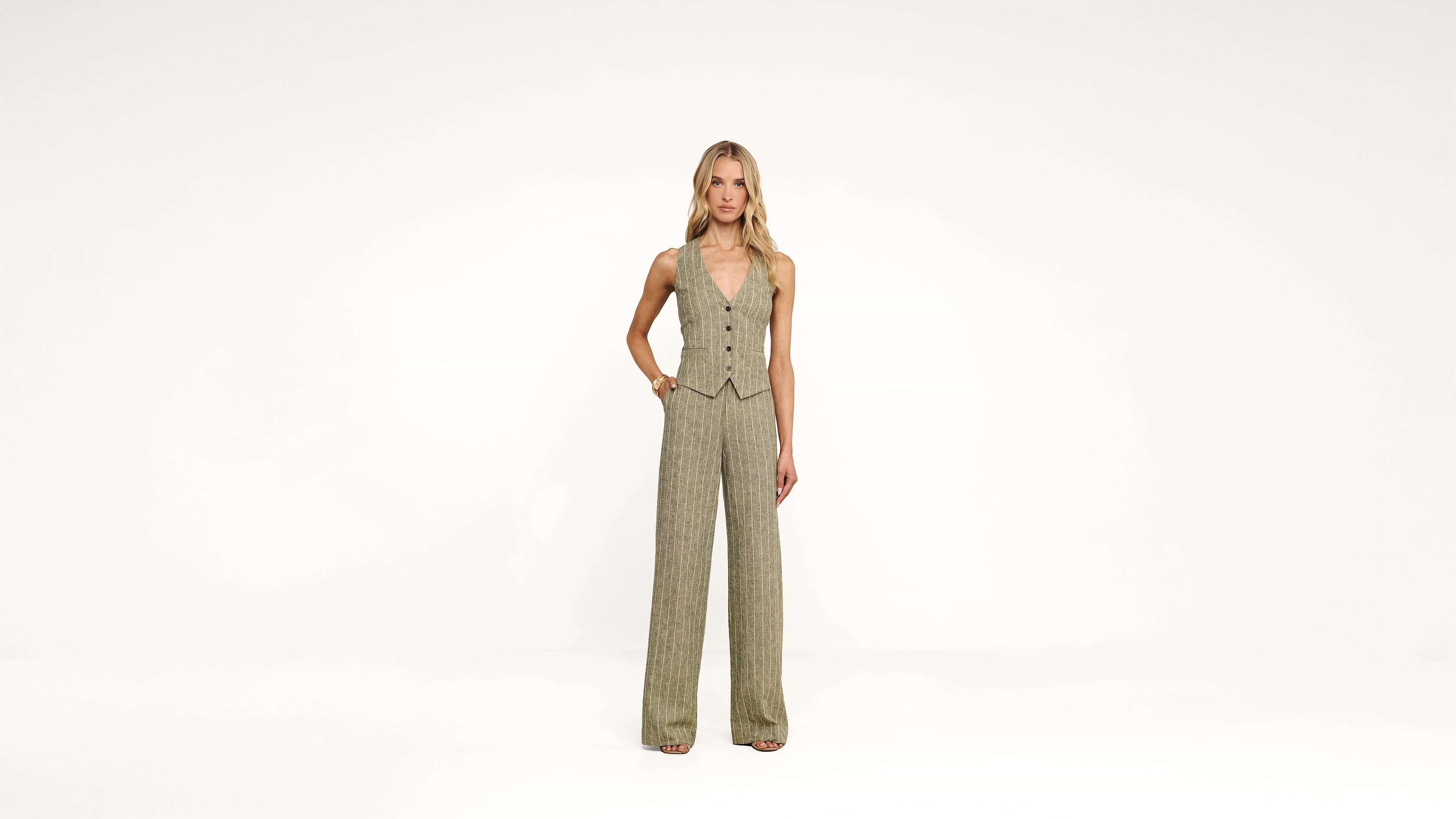 Drina Linen-Blend Vest in Olive Green Pinstripe | L'AGENCE