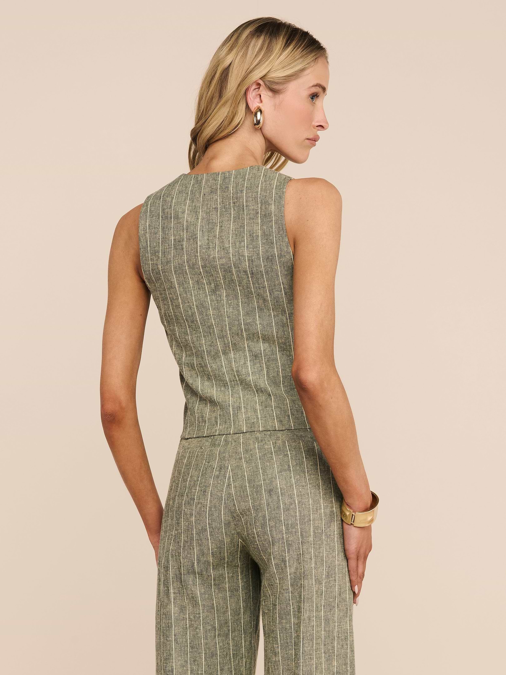 Drina Linen-Blend Vest in Olive Green Pinstripe | L'AGENCE