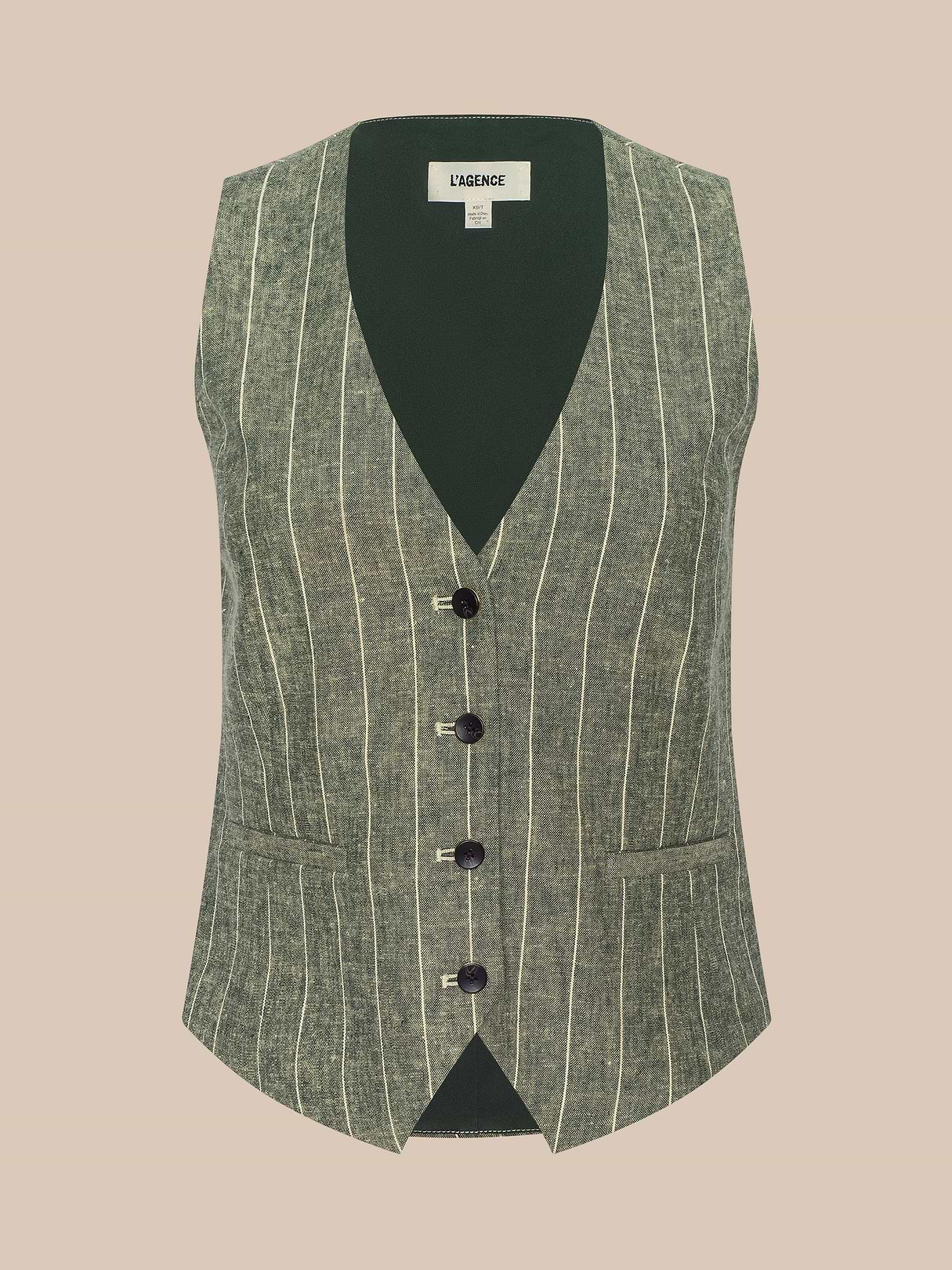 Drina Linen-Blend Vest in Olive Green Pinstripe | L'AGENCE