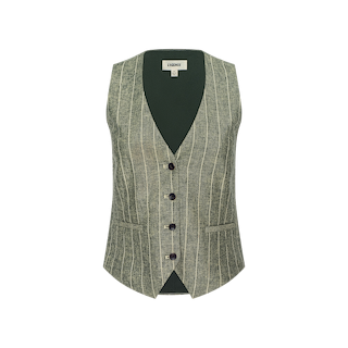 The Drina Linen-Blend Vest is a tailored olive green piece with pinstripes, crafted from a linen-cotton blend. It features a deep V-neckline, four black buttons, two front pockets, and a straight hem, shown against a plain white background.