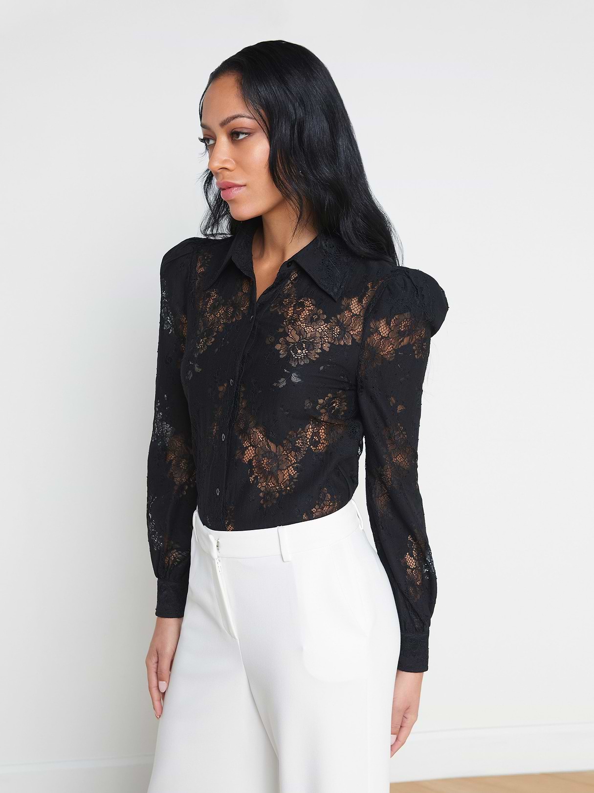 トップス YILON FLOWER LACE BLOUSE BLACK Jenica Lace Blouse in Black | L'AGENCE