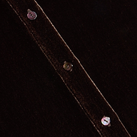 Close-up of the Argo Velvet Blouse in dark java brown, featuring a diagonal seam adorned with shiny buttons that catch and reflect the light.