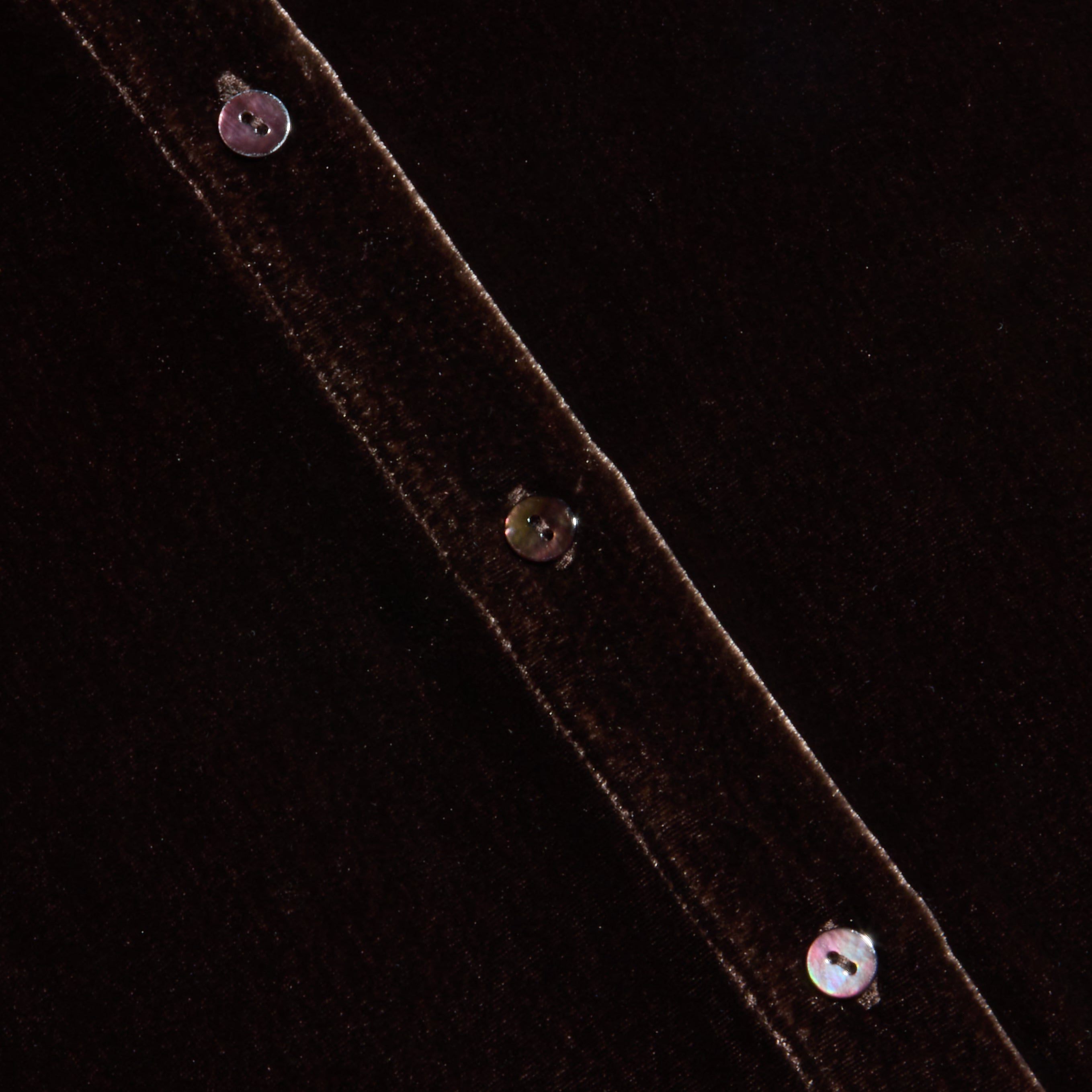Close-up of the Argo Velvet Blouse in dark java brown, featuring a diagonal seam adorned with shiny buttons that catch and reflect the light.
