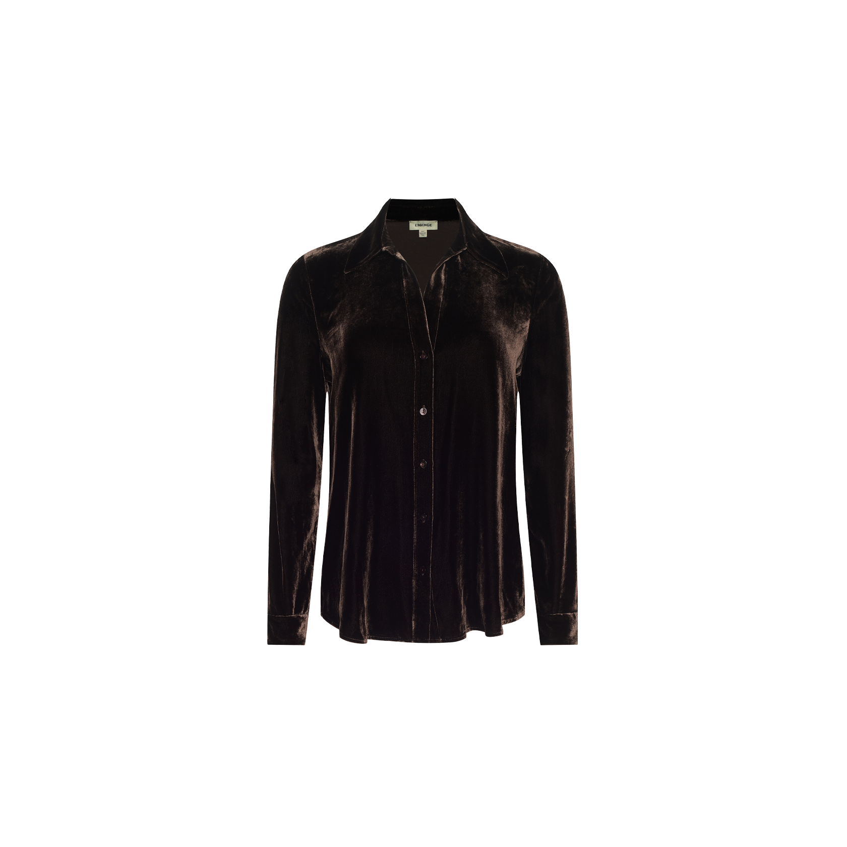 The Argo Velvet Blouse, shown on a plain white background, features a rich java brown velvet fabric, long sleeves, a button-down front, and a classic collar.