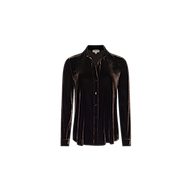 The Argo Velvet Blouse, shown on a plain white background, features a rich java brown velvet fabric, long sleeves, a button-down front, and a classic collar.