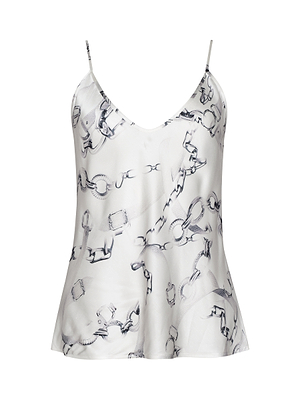 The Lexi Satin Camisole features thin adjustable straps and a black-and-grey abstract chain print. Its bias-cut satin fabric offers a subtle sheen with a relaxed, flowy fit.