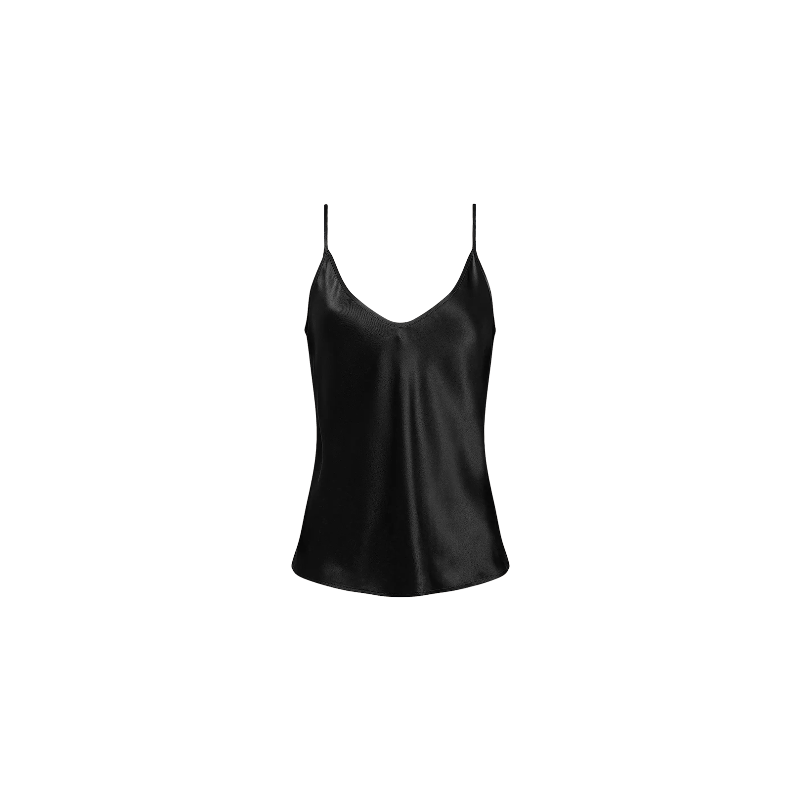 The Lexi Silk Camisole, crafted from luxurious black silk charmeuse with adjustable spaghetti straps, is elegantly displayed on a plain white background.