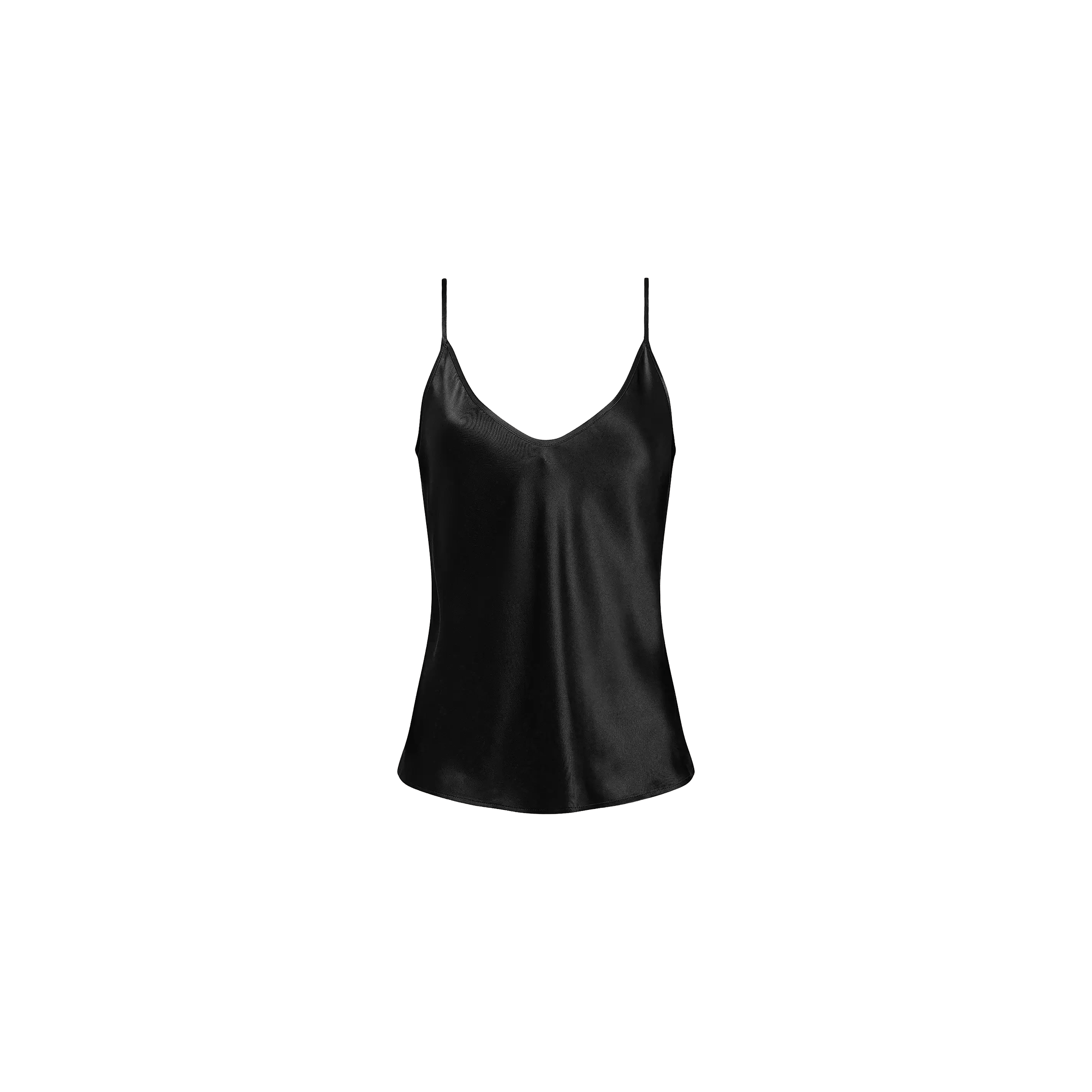 The Lexi Silk Camisole in black features adjustable spaghetti straps and is showcased against a plain white background.
