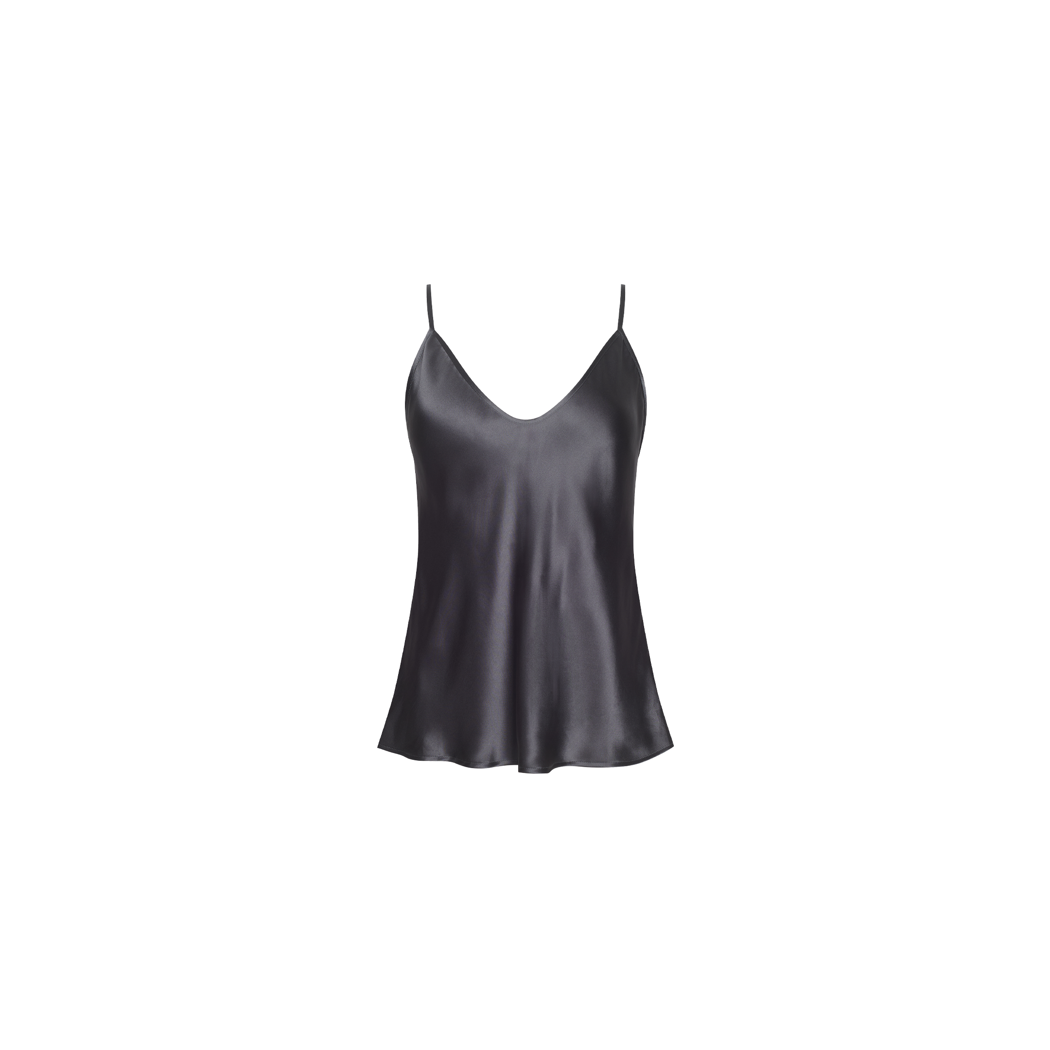 Lexi Silk Camisole in charcoal gray silk charmeuse with a V-neckline and thin spaghetti straps.