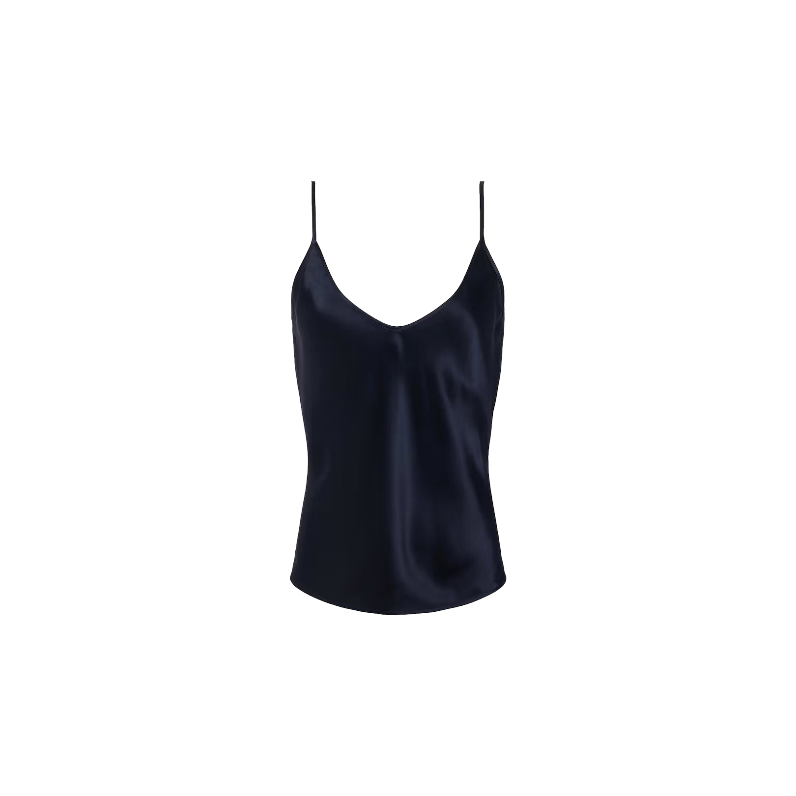 The Lexi Silk Camisole is a midnight blue, sleeveless silk charmeuse top with thin spaghetti straps, displayed on a plain white background.