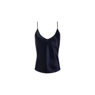 The Lexi Silk Camisole is a midnight blue, sleeveless silk charmeuse top with thin spaghetti straps, displayed on a plain white background.