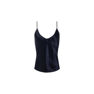 The Lexi Silk Camisole is a midnight blue, sleeveless silk charmeuse top with thin spaghetti straps, displayed on a plain white background.