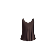 Lexi Silk Camisole in dark brown silk charmeuse, featuring a bias-cut, V-neck design and thin spaghetti straps.