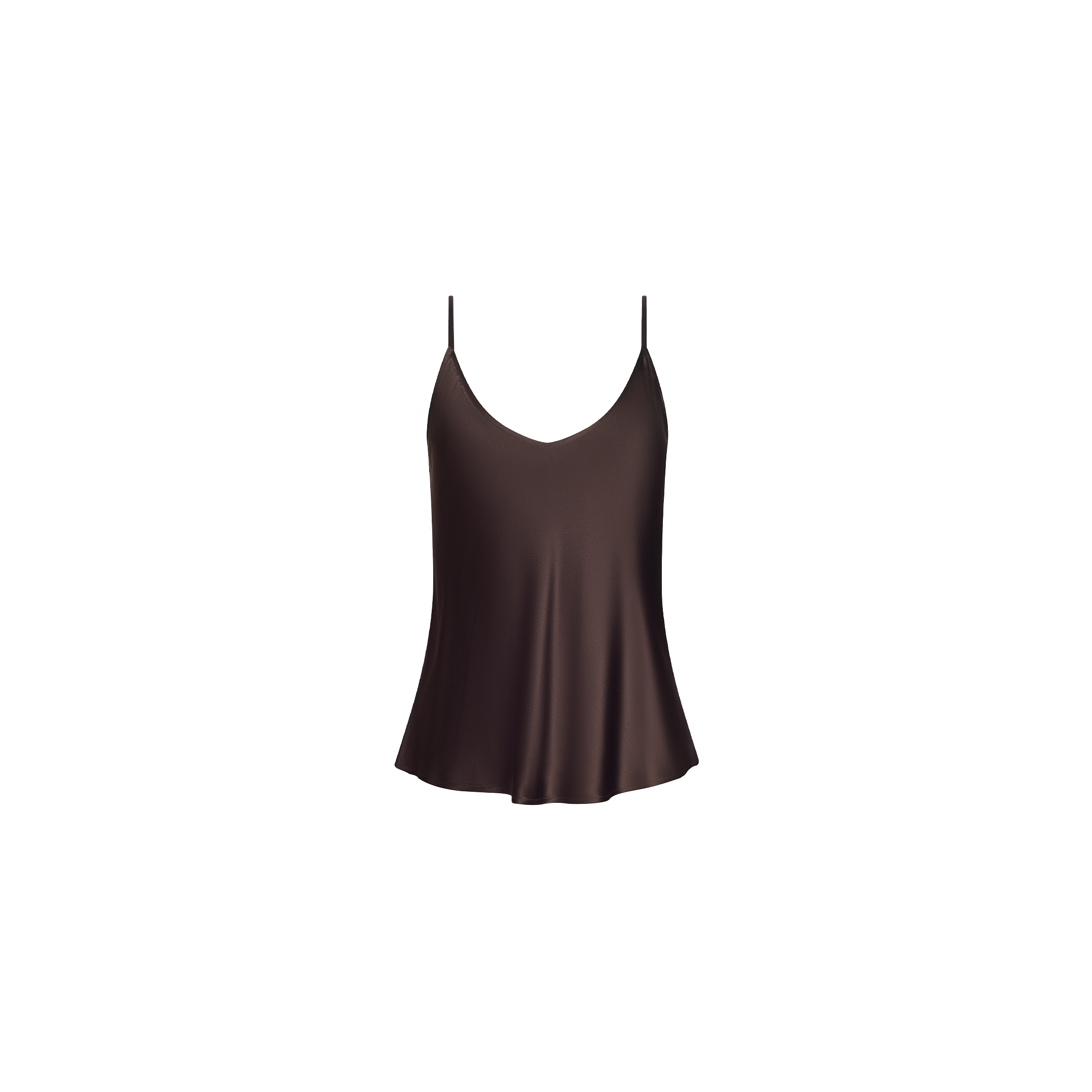 Lexi Silk Camisole in dark brown silk charmeuse, featuring a bias-cut, V-neck design and thin spaghetti straps.