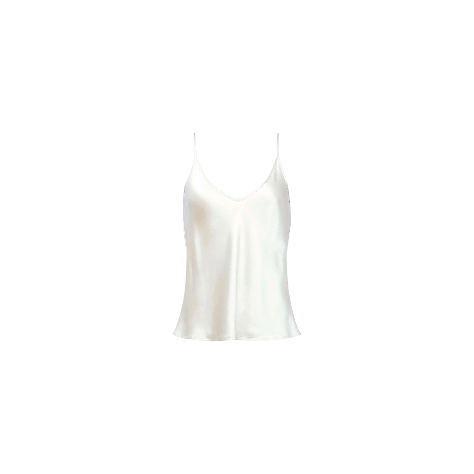 The Lexi Silk Camisole is crafted from white silk charmeuse and features thin adjustable spaghetti straps, a V-neckline, and a relaxed fit. It is shown against a plain light gray background.